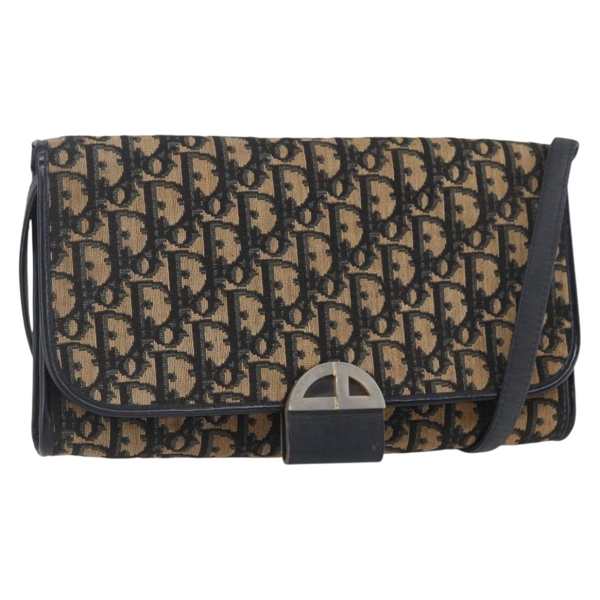 Christian Dior Trotter Canvas Shoulder Bag Navy Gold Auth ep11961