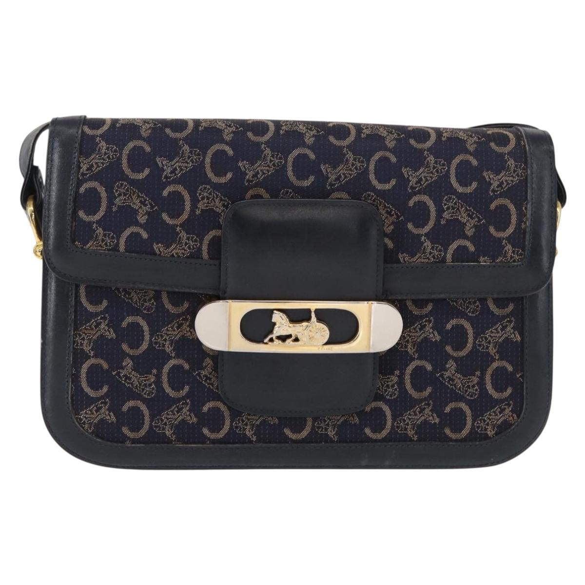 CELINE C Sulky Horse Carriage Shoulder Bag Canvas Leather Navy Gold Auth ep11975