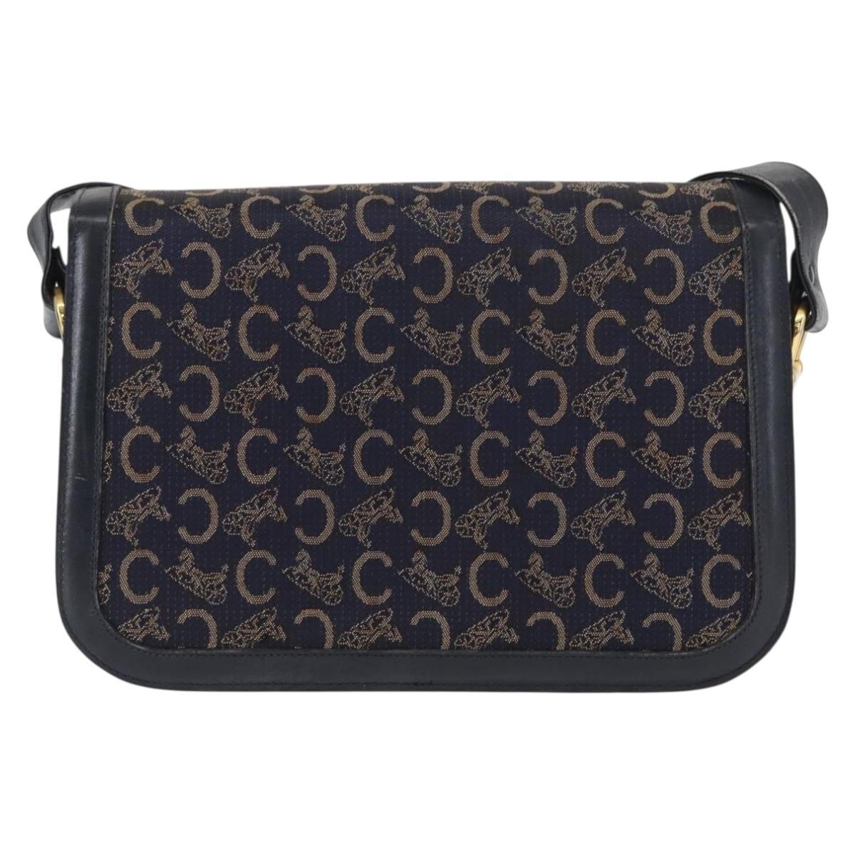 CELINE C Sulky Horse Carriage Shoulder Bag Canvas Leather Navy Gold Auth ep11975