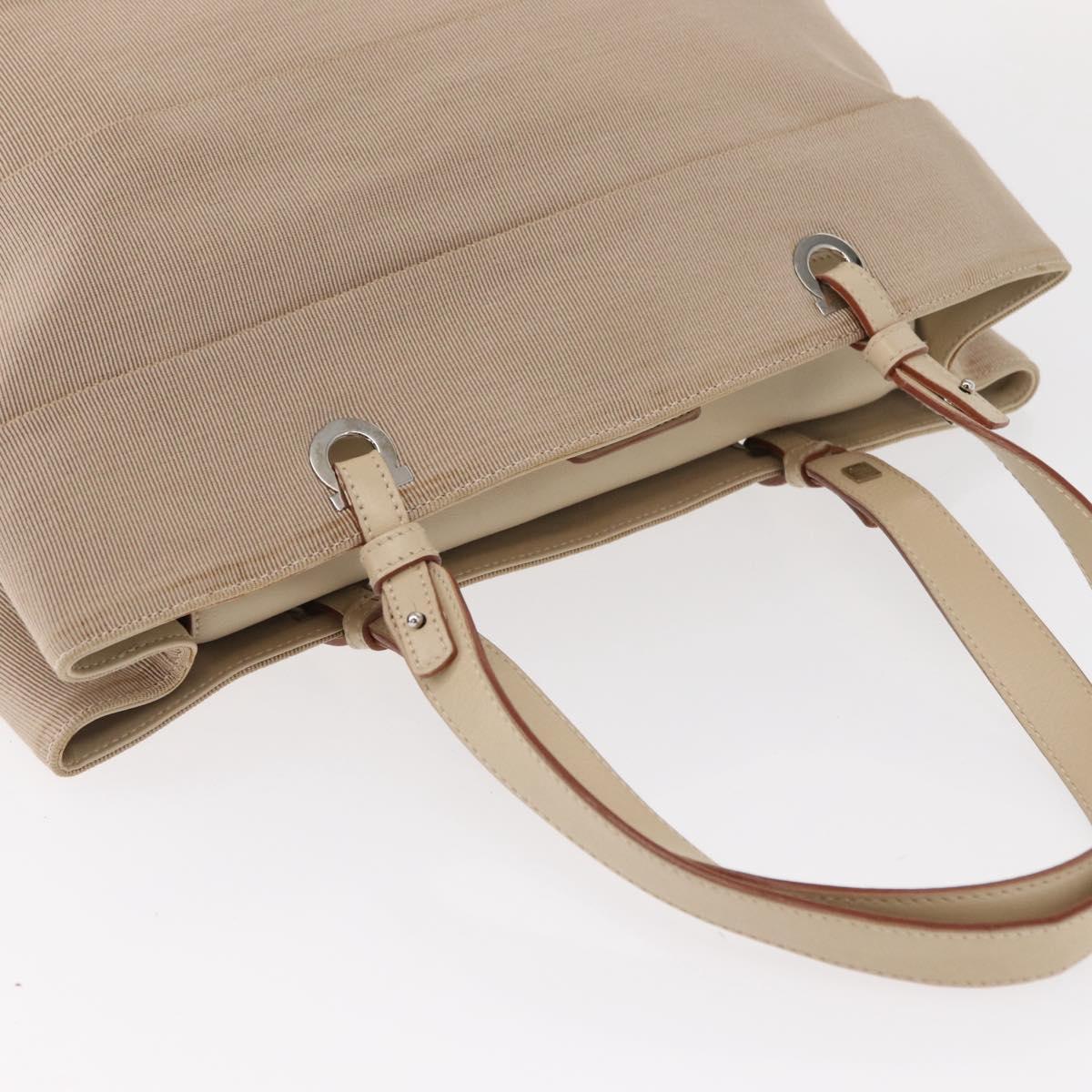 Salvatore Ferragamo Gancini Hand Bag Nylon Beige Silver Auth ep11986
