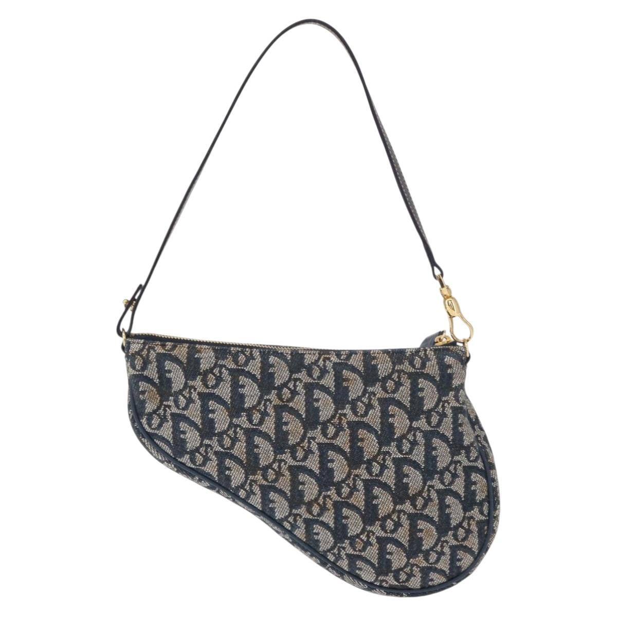 Christian Dior Trotter Canvas Saddle Pouch Navy Gold Auth ep11991