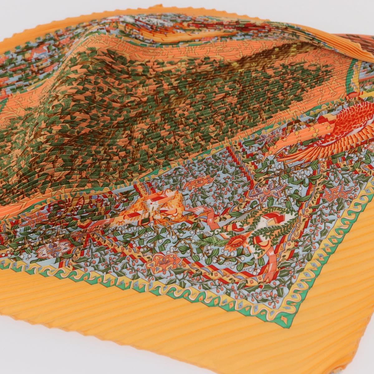 HERMES Pleated Carre 90 Scarf ""Axis Mundi"" Silk Orange Auth ep11993