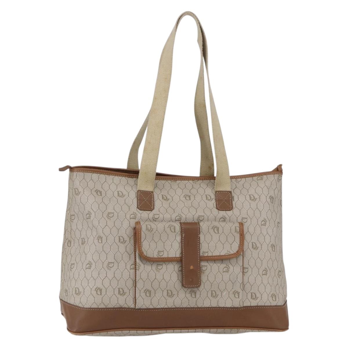 Christian Dior Honeycomb Canvas Tote Bag PVC Leather Beige Auth ep12001