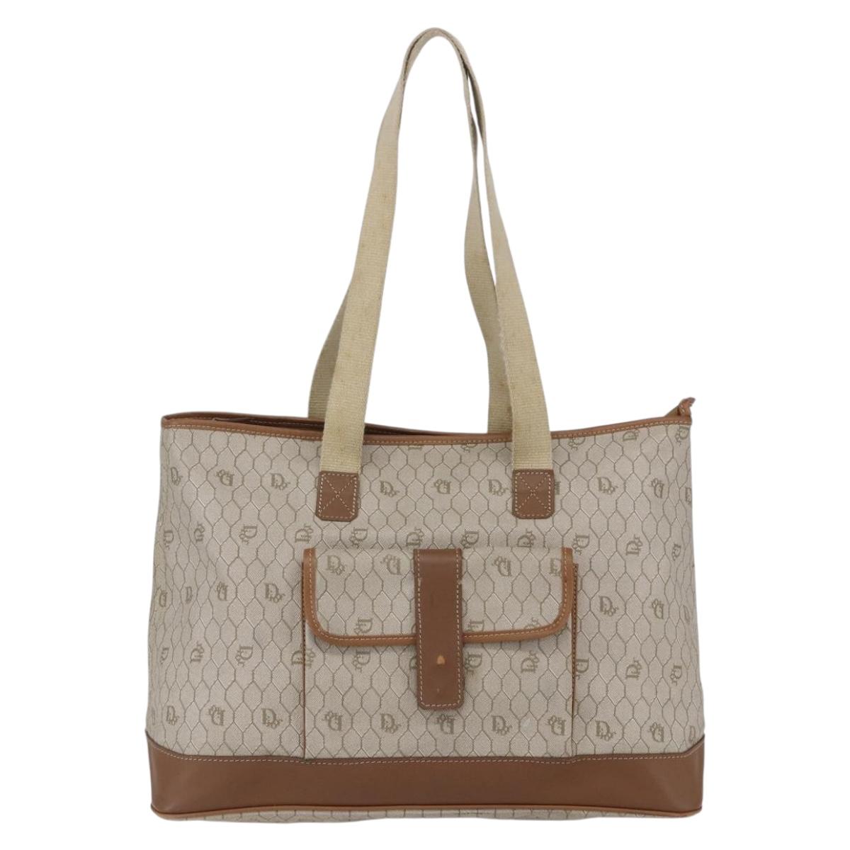 Christian Dior Honeycomb Canvas Tote Bag PVC Leather Beige Auth ep12001