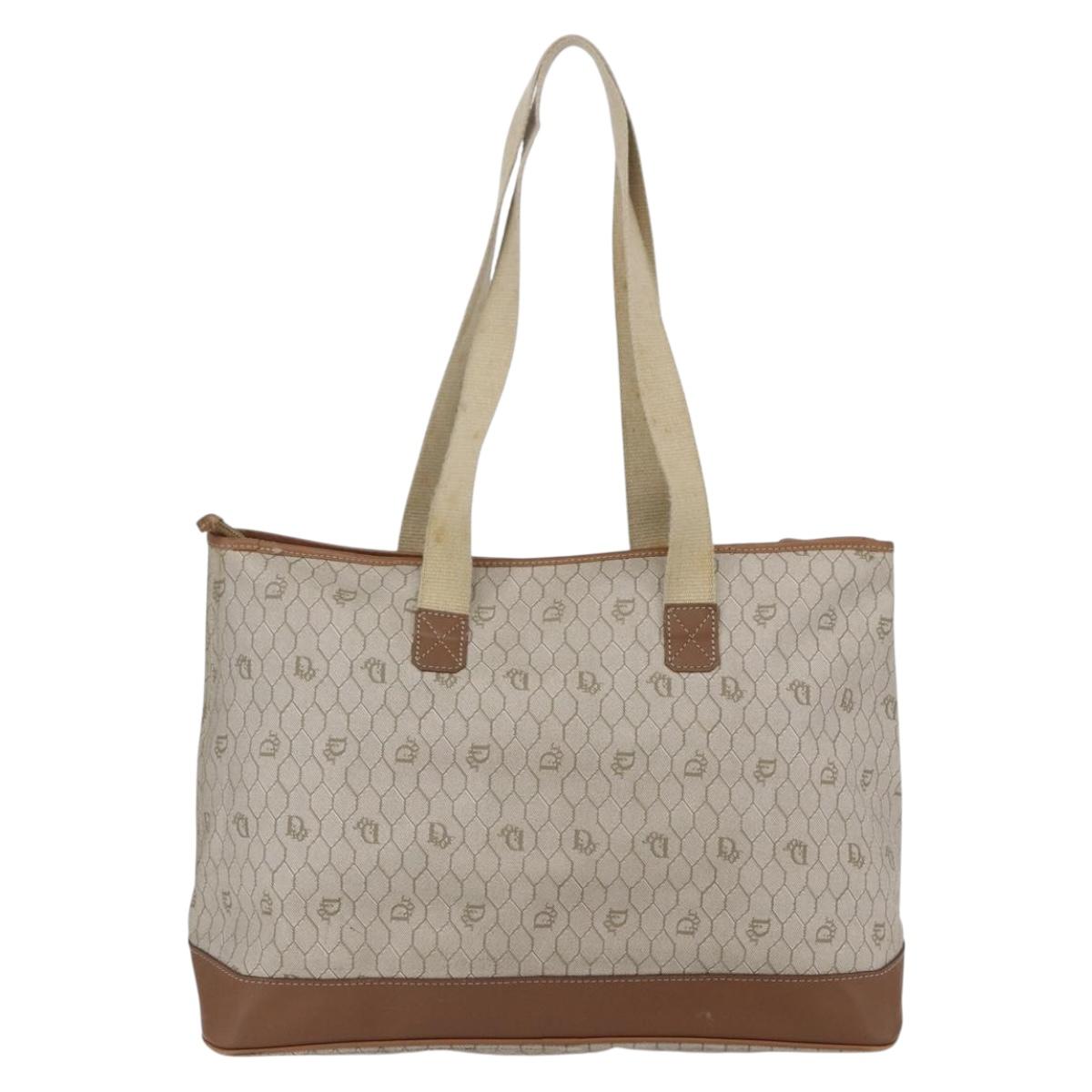 Christian Dior Honeycomb Canvas Tote Bag PVC Leather Beige Auth ep12001