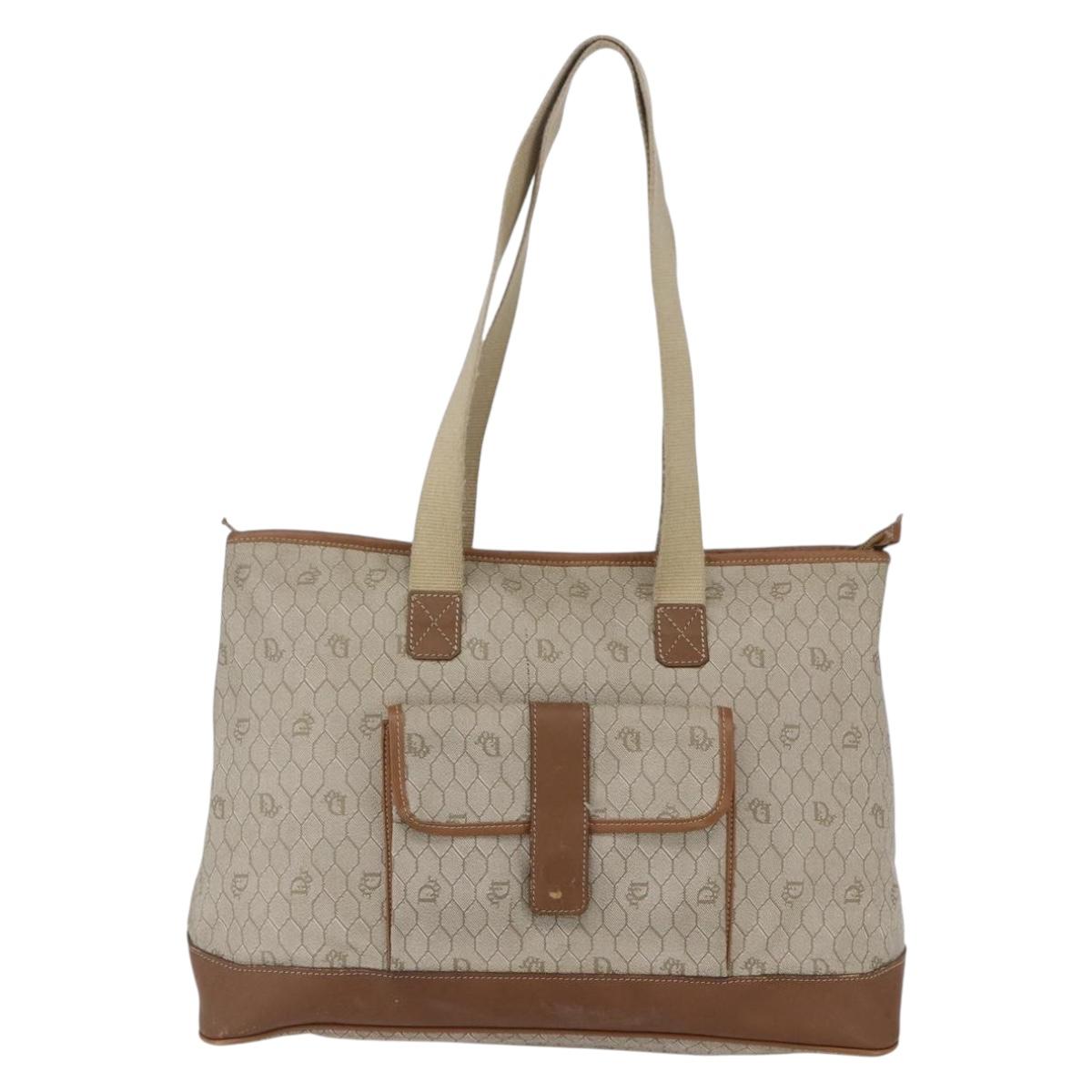 Christian Dior Honeycomb Canvas Tote Bag PVC Leather Beige Auth ep12002