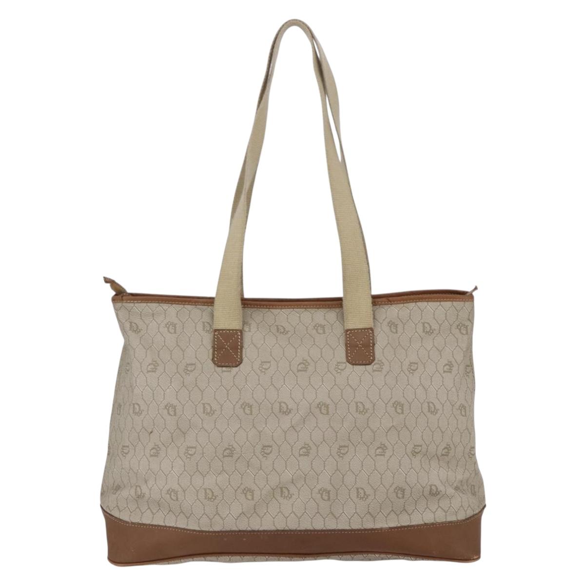 Christian Dior Honeycomb Canvas Tote Bag PVC Leather Beige Auth ep12002