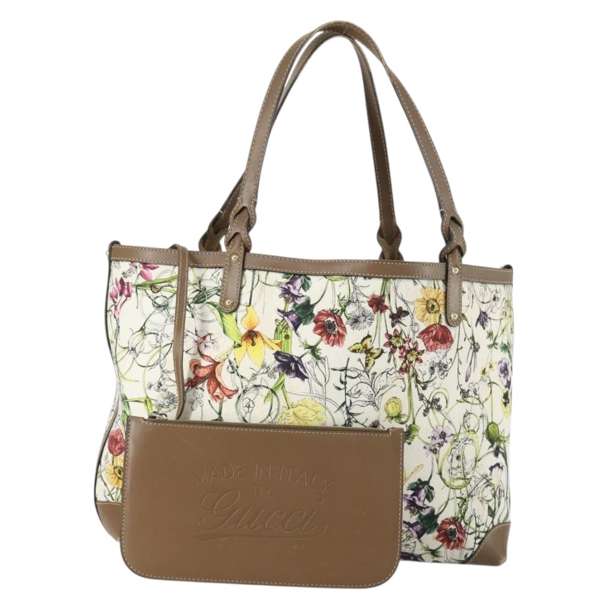 GUCCI Flora Tote Bag Canvas Leather White Gold 247209 Auth ep12057