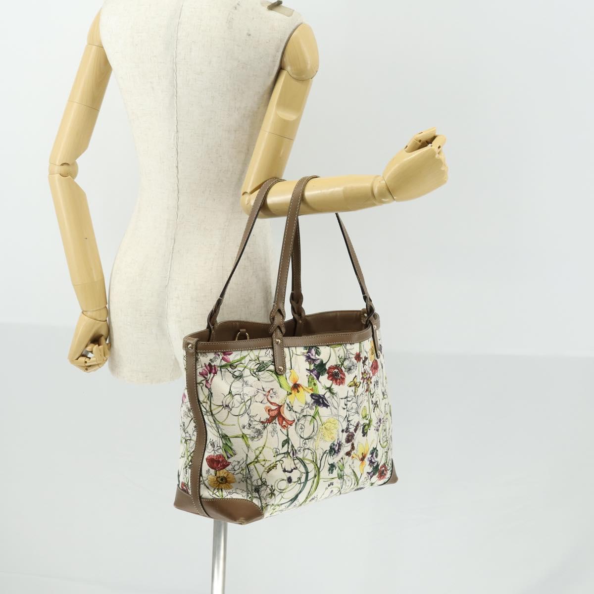 GUCCI Flora Tote Bag Canvas Leather White Gold 247209 Auth ep12057
