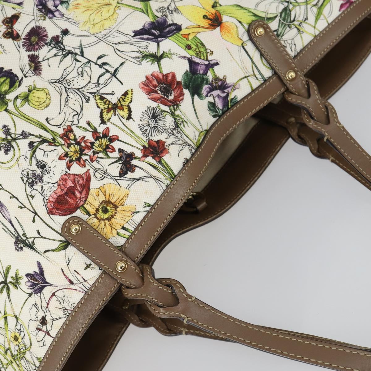 GUCCI Flora Tote Bag Canvas Leather White Gold 247209 Auth ep12057