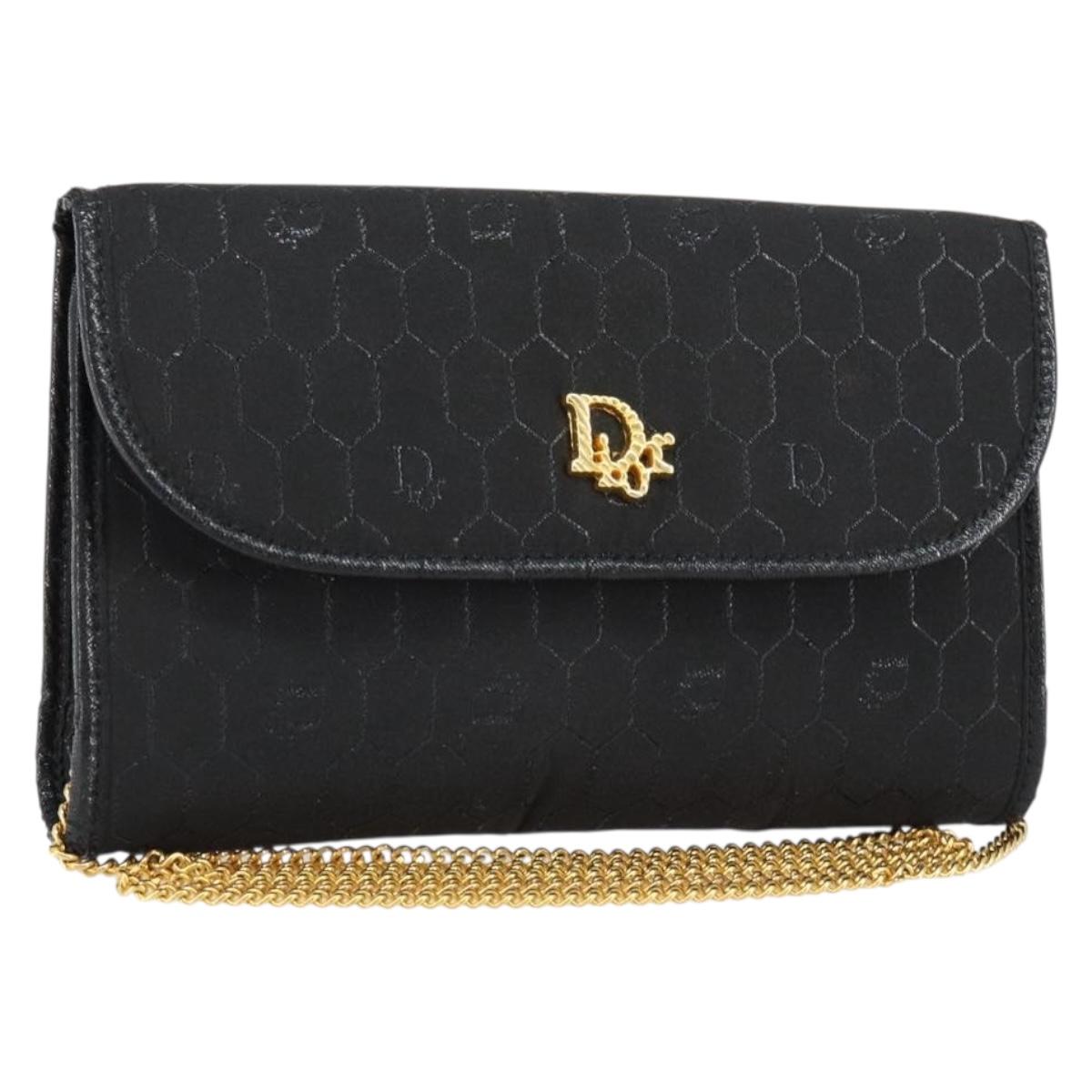 Christian Dior Honeycomb Canvas Chain Shoulder Bag Black Gold Auth ep12064