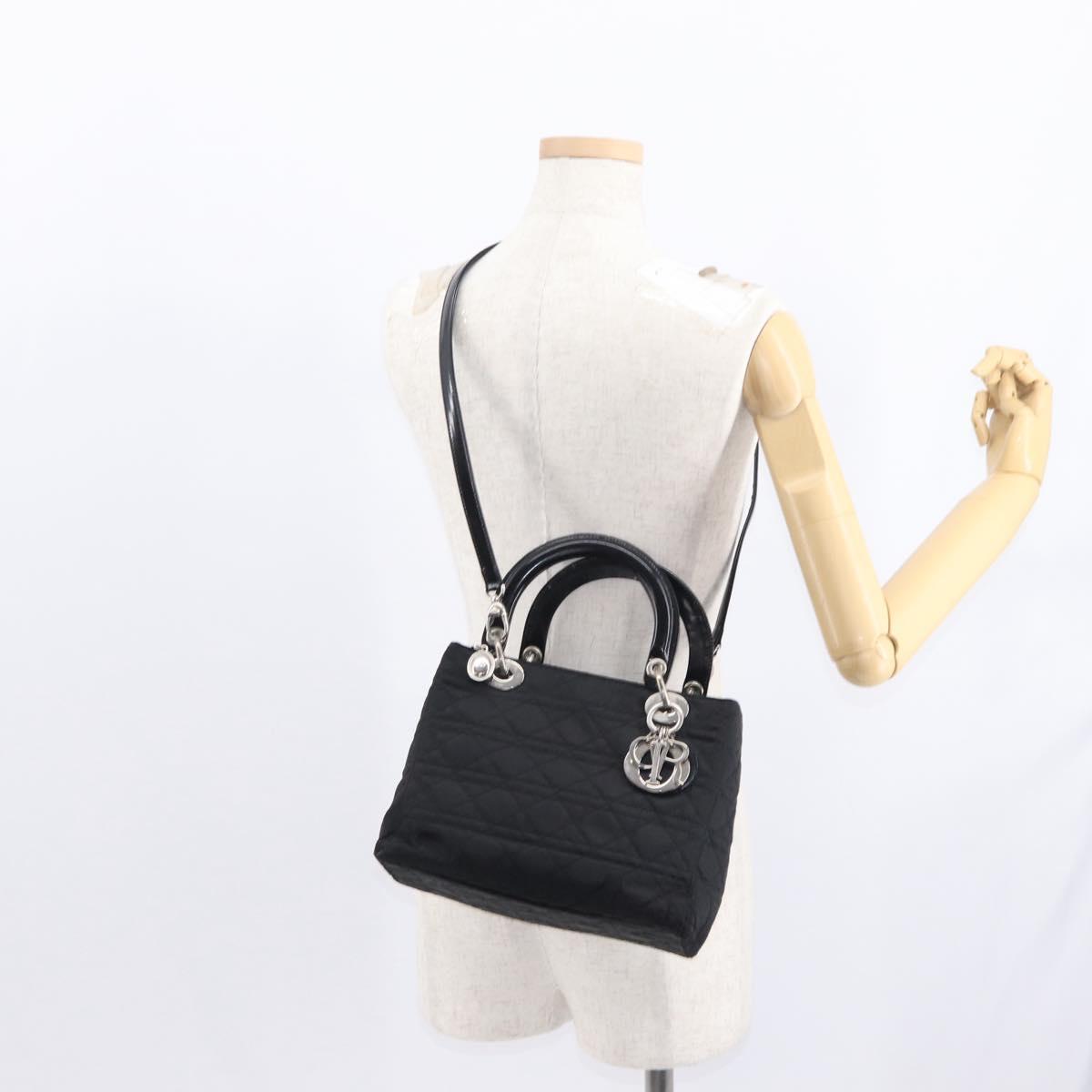 Christian Dior Lady Dior Canage Hand Bag Nylon 2way Black Silver Auth ep12065