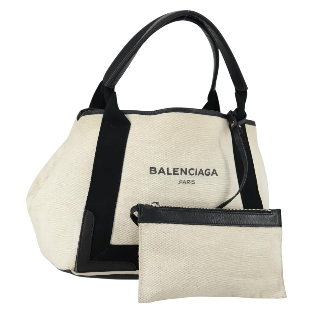 BALENCIAGA Navy Cabas S Hand Bag Canvas Black White 339933 Auth ep12080