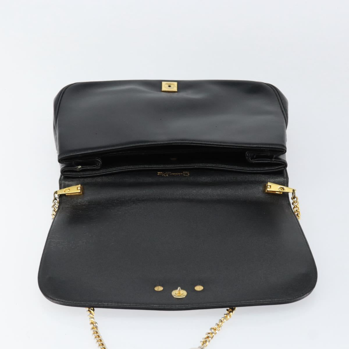 Christian Dior Chain Shoulder Bag Leather Black Gold Auth ep12110