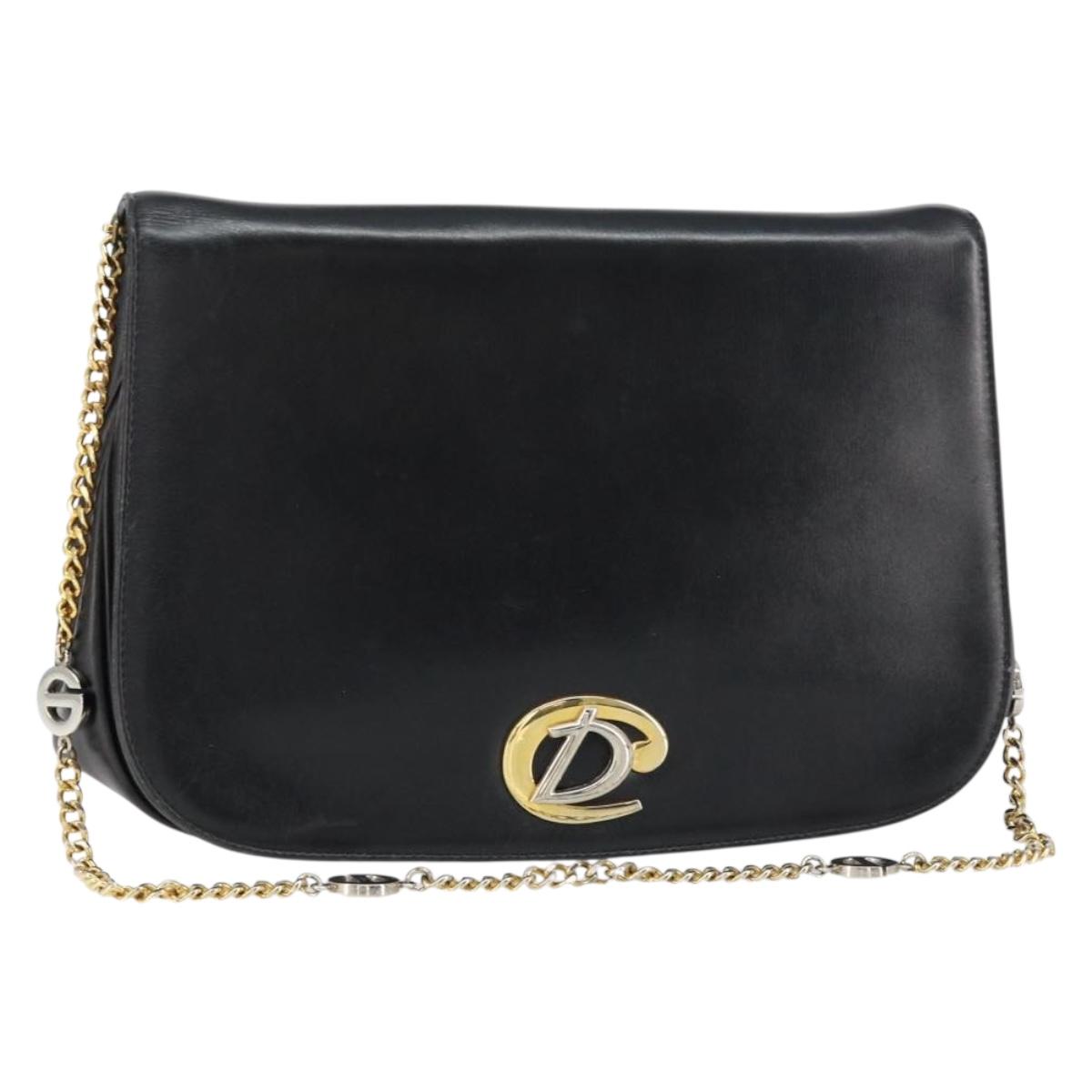 Christian Dior Chain Shoulder Bag Leather Black Gold Auth ep12110