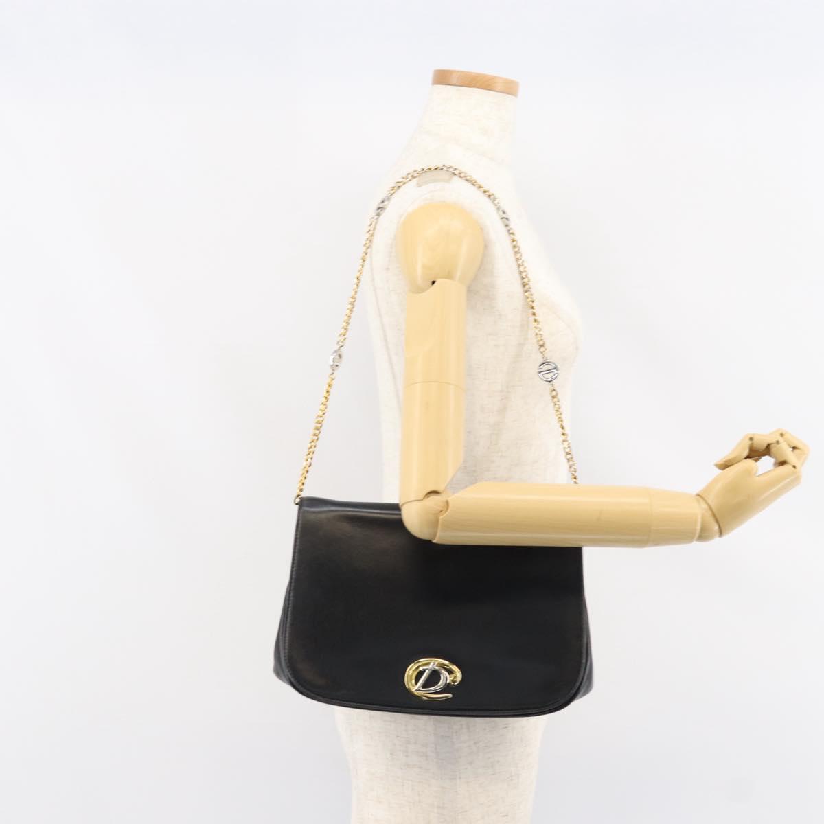 Christian Dior Chain Shoulder Bag Leather Black Gold Auth ep12110