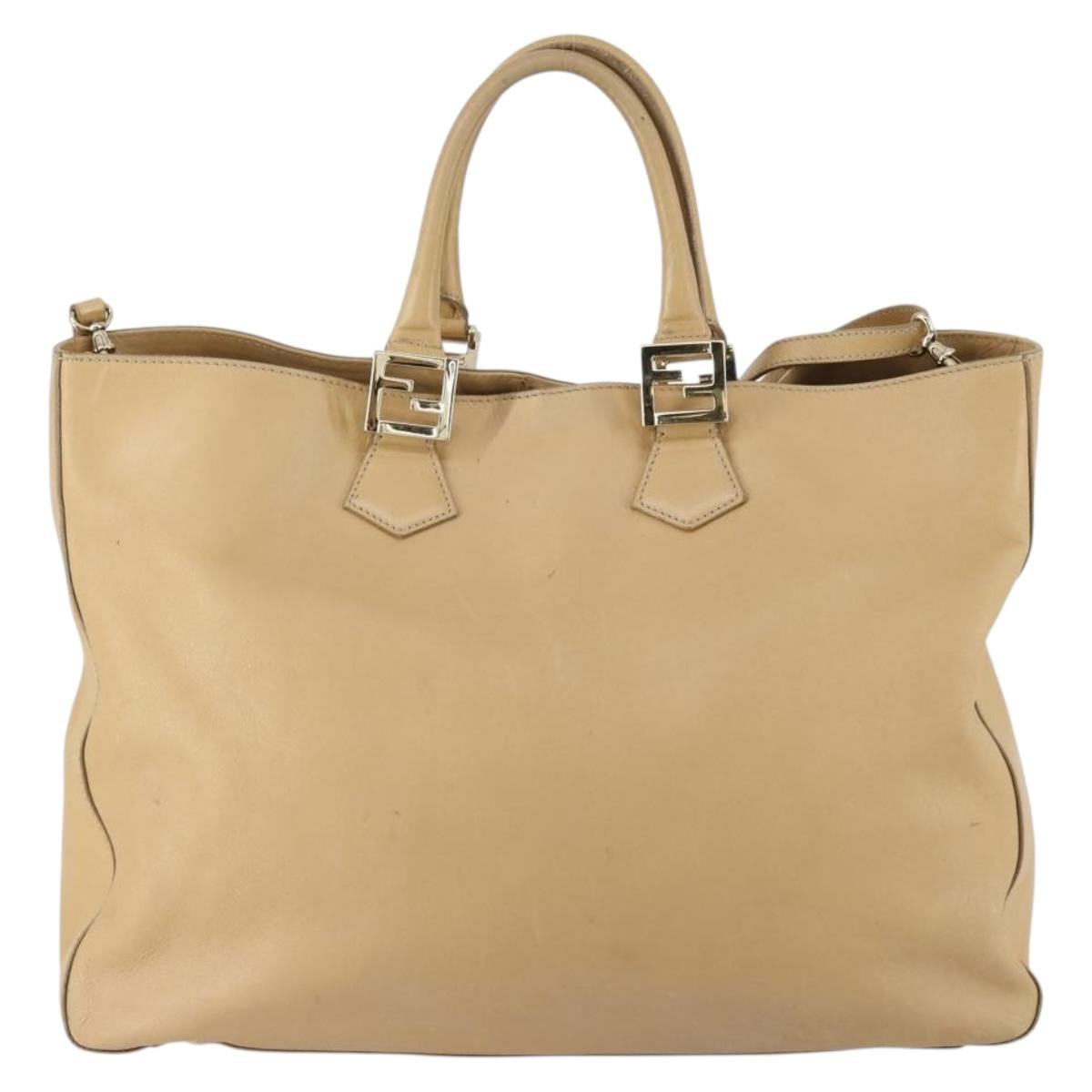 FENDI Tote Bag Leather 2way Beige Gold Auth ep12126