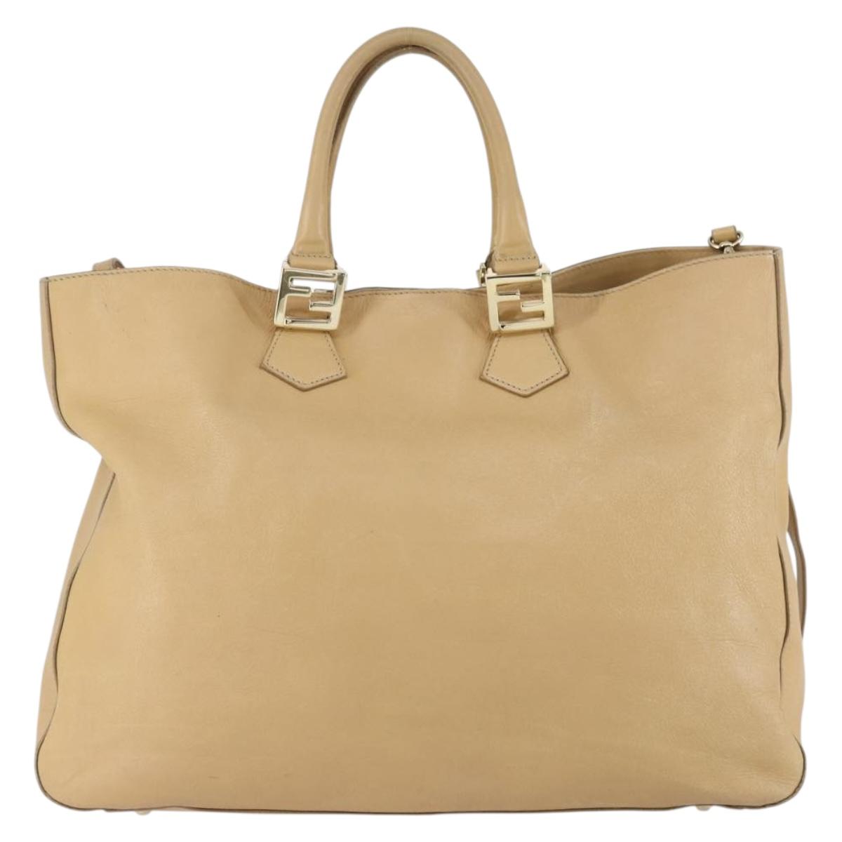 FENDI Tote Bag Leather 2way Beige Gold Auth ep12126