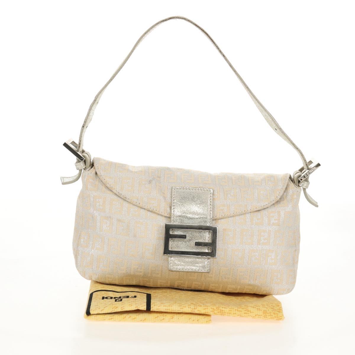 FENDI Zucchino Canvas Mamma Baguette Shoulder Bag Silver Auth ep12129V