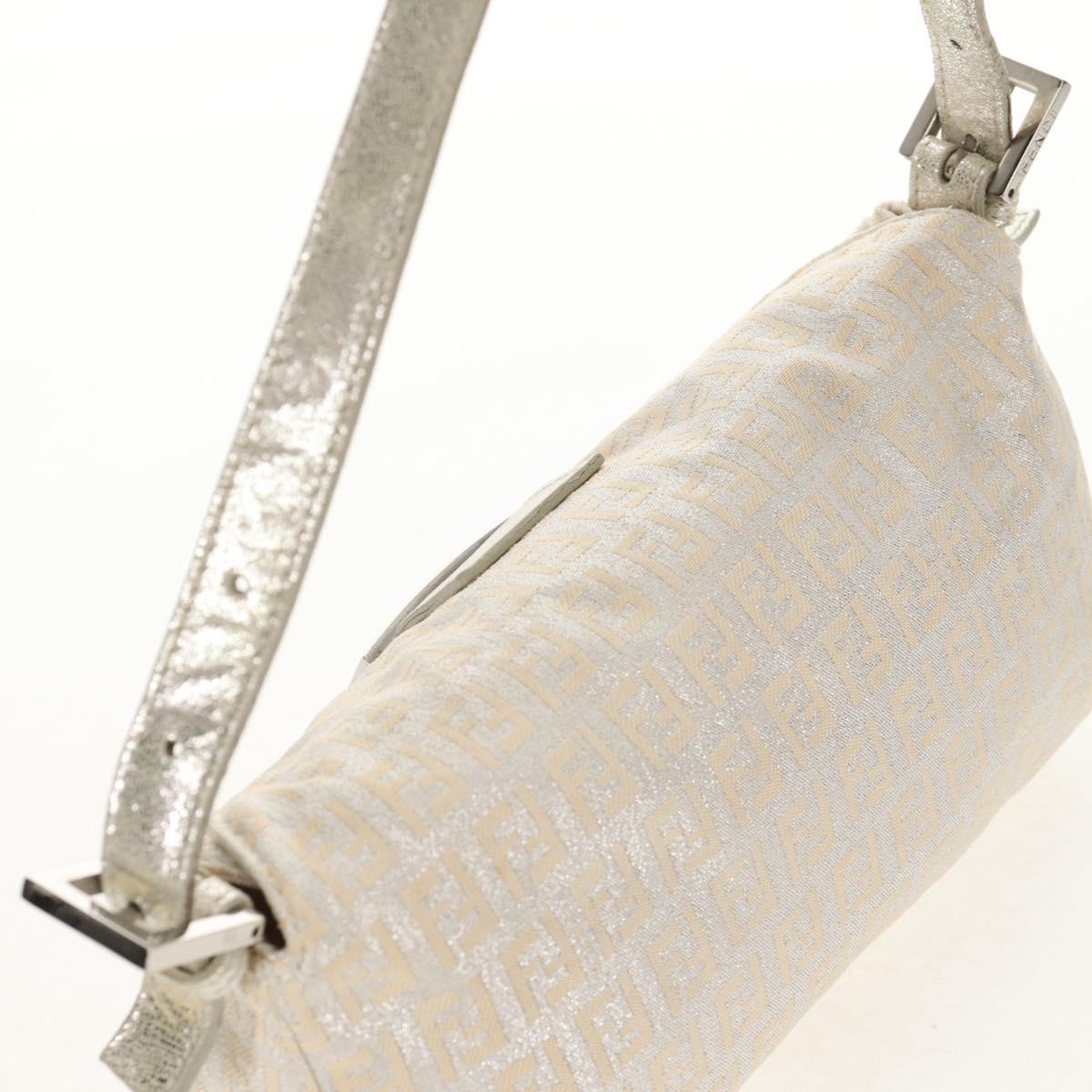 FENDI Zucchino Canvas Mamma Baguette Shoulder Bag Silver Auth ep12129V