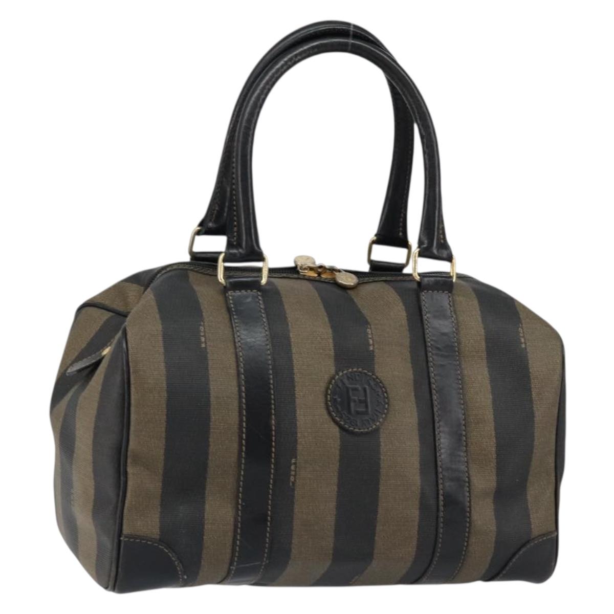 FENDI Pecan Canvas Boston Bag PVC Black Brown gold Auth ep12130