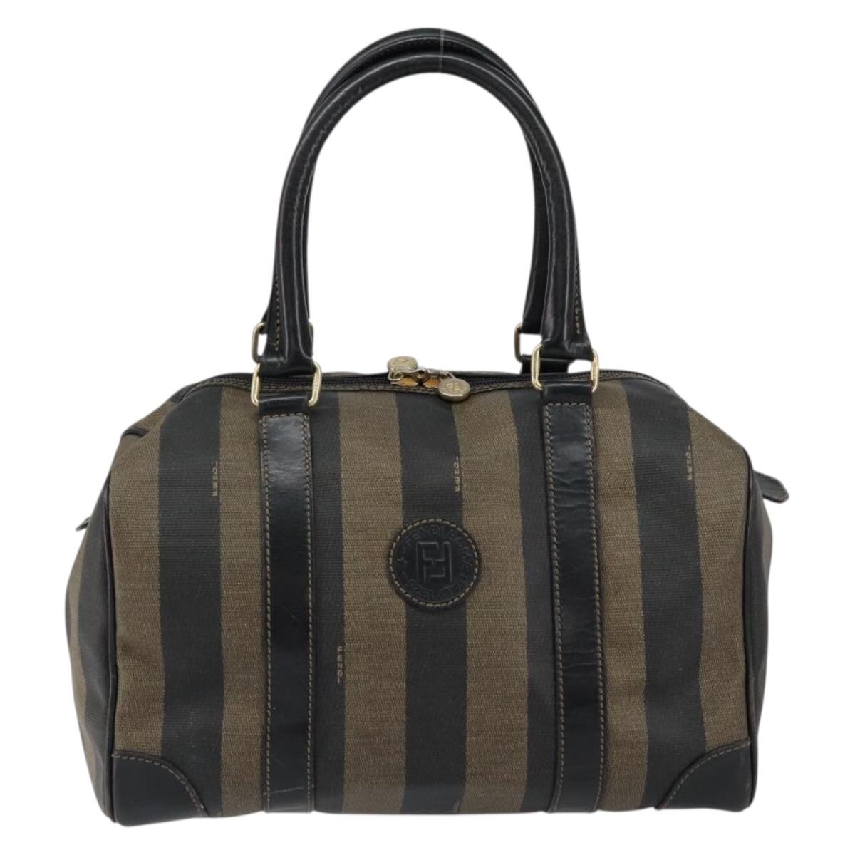 FENDI Pecan Canvas Boston Bag PVC Black Brown gold Auth ep12130