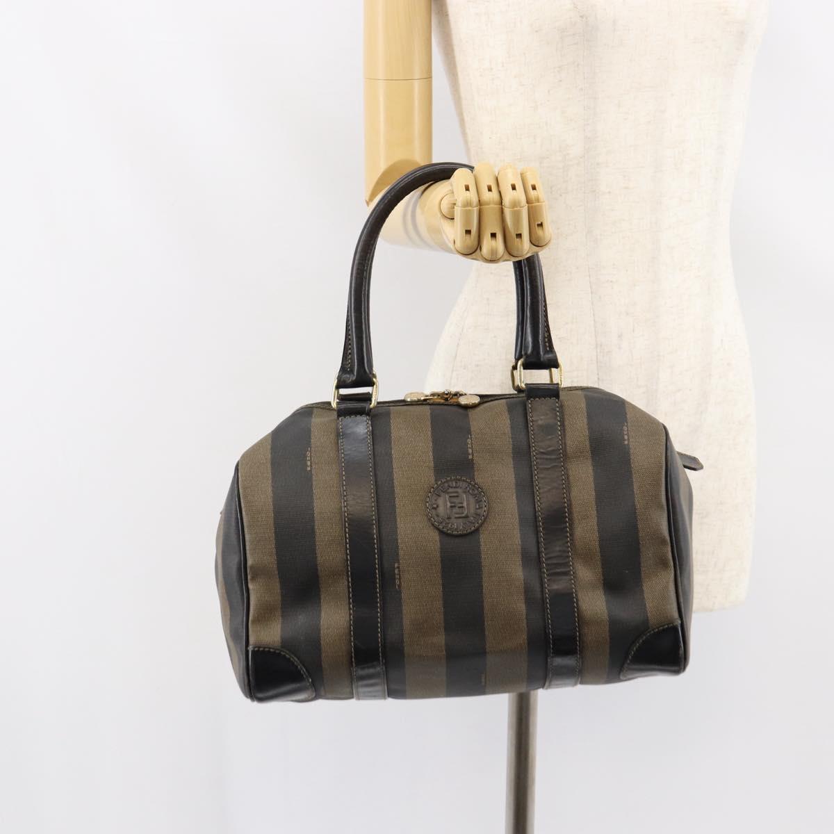 FENDI Pecan Canvas Boston Bag PVC Black Brown gold Auth ep12130