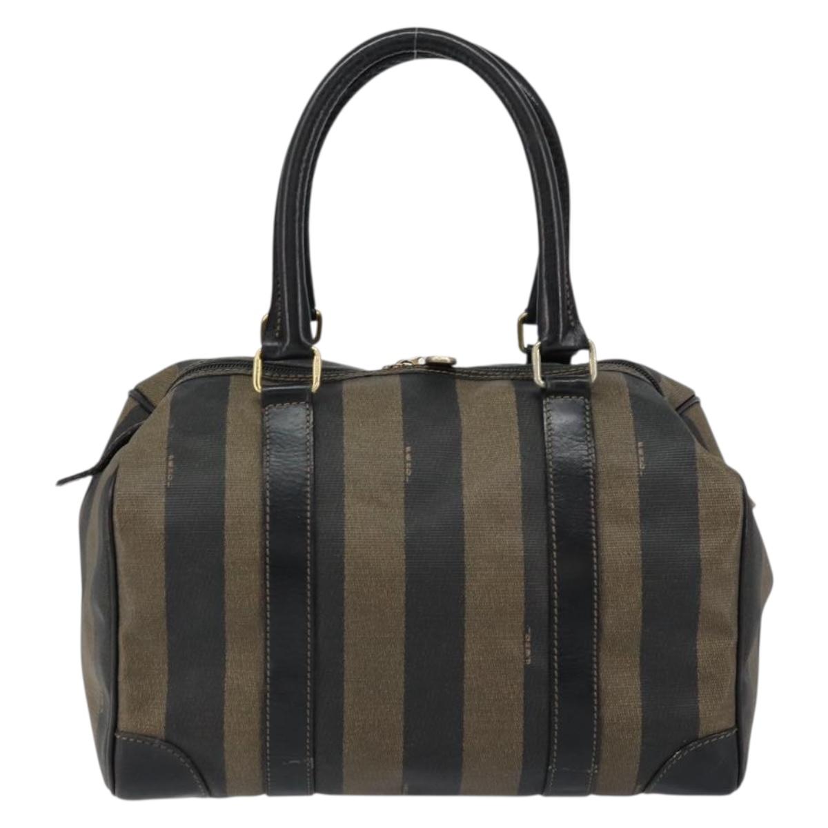 FENDI Pecan Canvas Boston Bag PVC Black Brown gold Auth ep12130