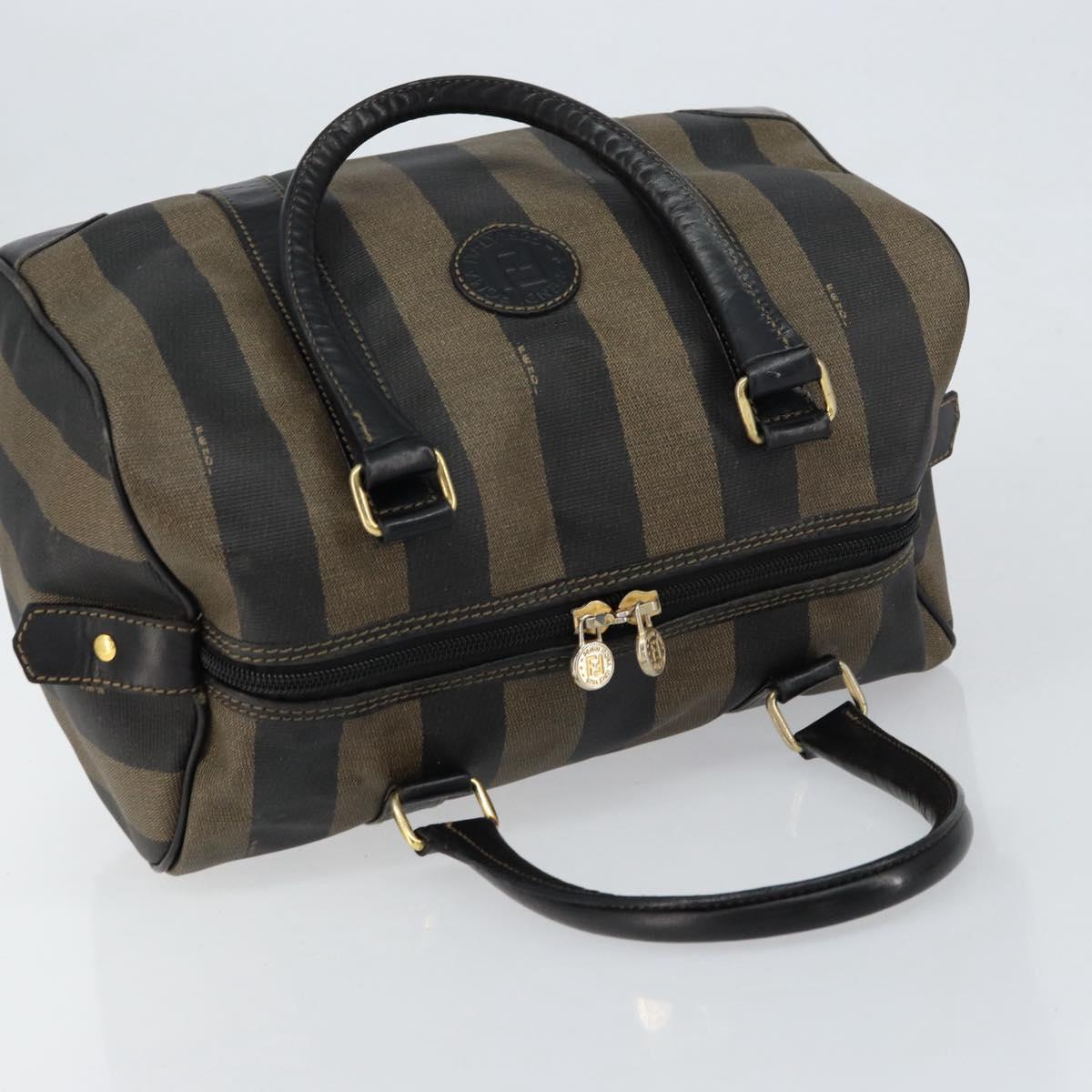 FENDI Pecan Canvas Boston Bag PVC Black Brown gold Auth ep12130