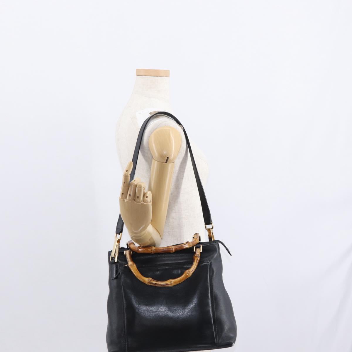 GUCCI Bamboo Hand Bag Leather 2way Black Gold 002 3754 0508 Auth ep12188