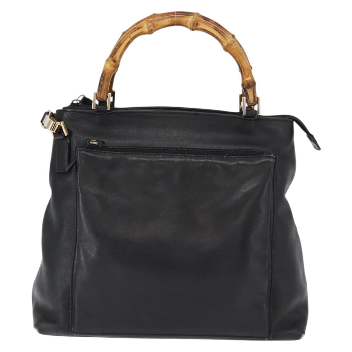 GUCCI Bamboo Hand Bag Leather 2way Black Gold 002 3754 0508 Auth ep12188