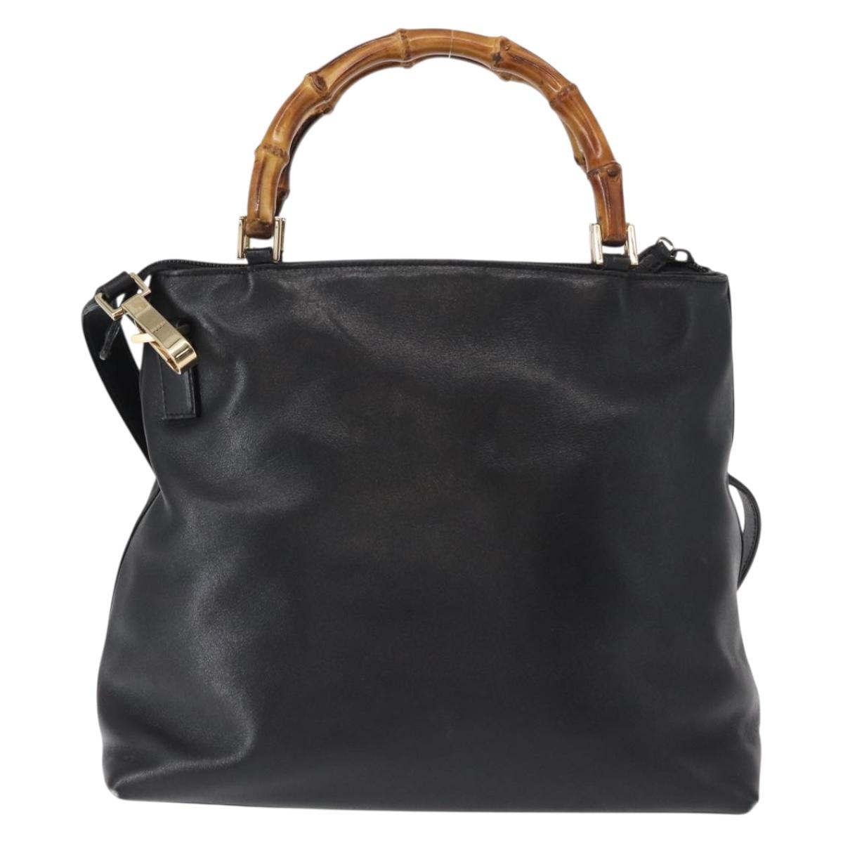 GUCCI Bamboo Hand Bag Leather 2way Black Gold 002 3754 0508 Auth ep12188