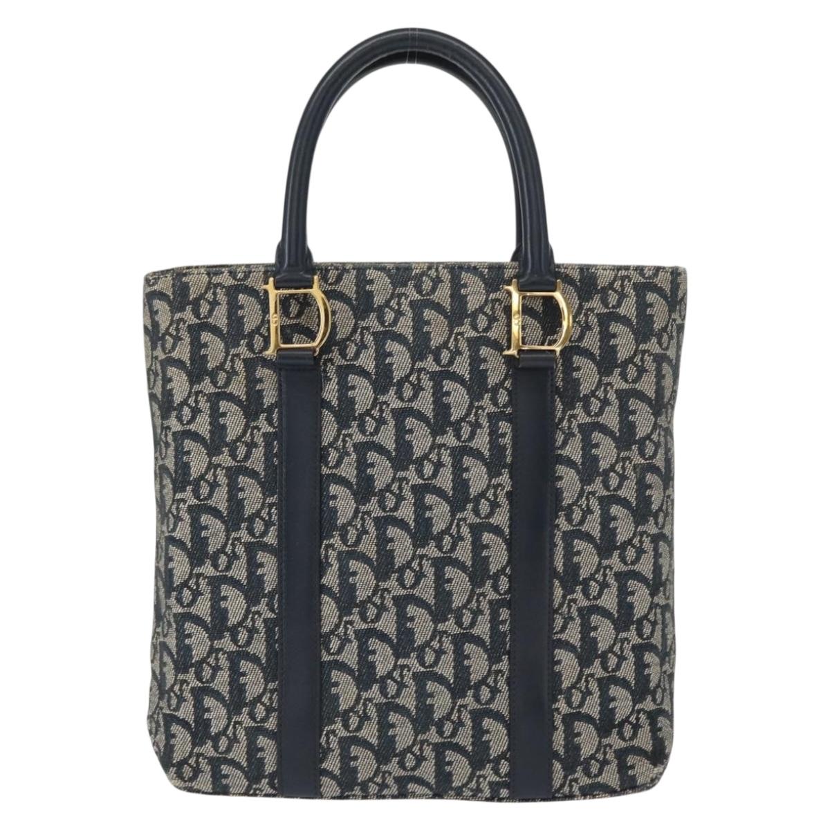 Christian Dior Trotter Canvas Hand Bag Navy Gold Auth ep12230