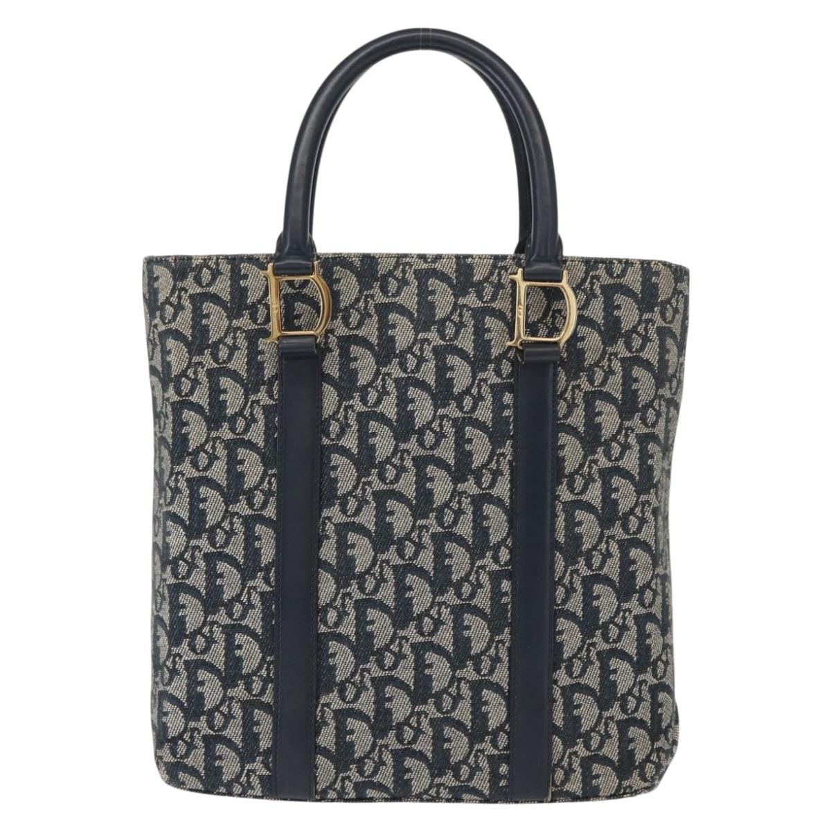 Christian Dior Trotter Canvas Hand Bag Navy Gold Auth ep12230
