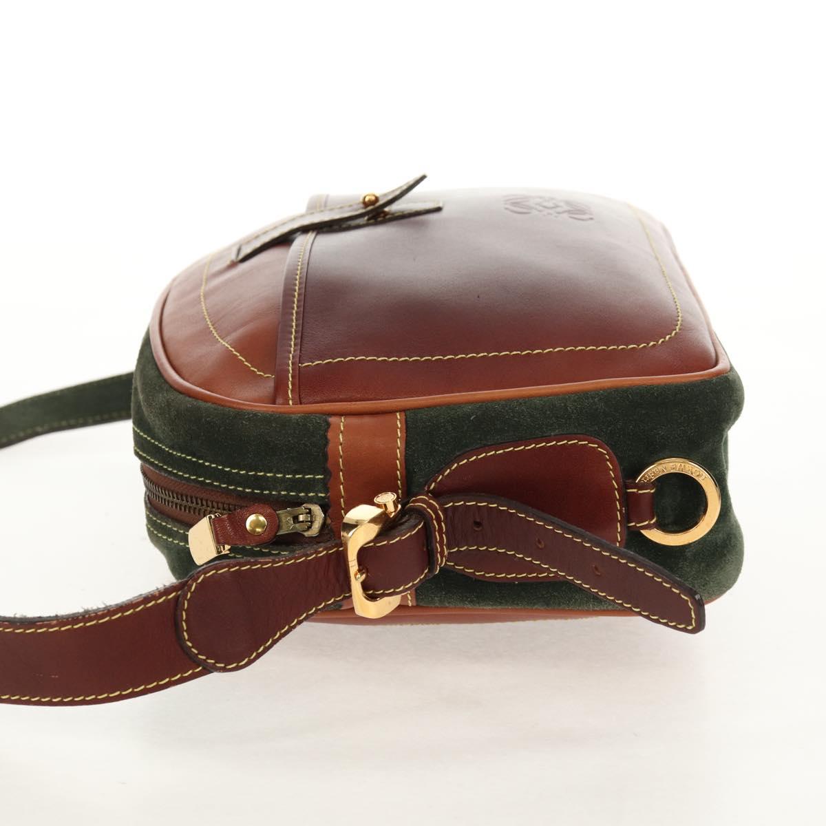 LOEWE Anagram Shoulder Bag Leather Suede Brown Gold Auth ep12235