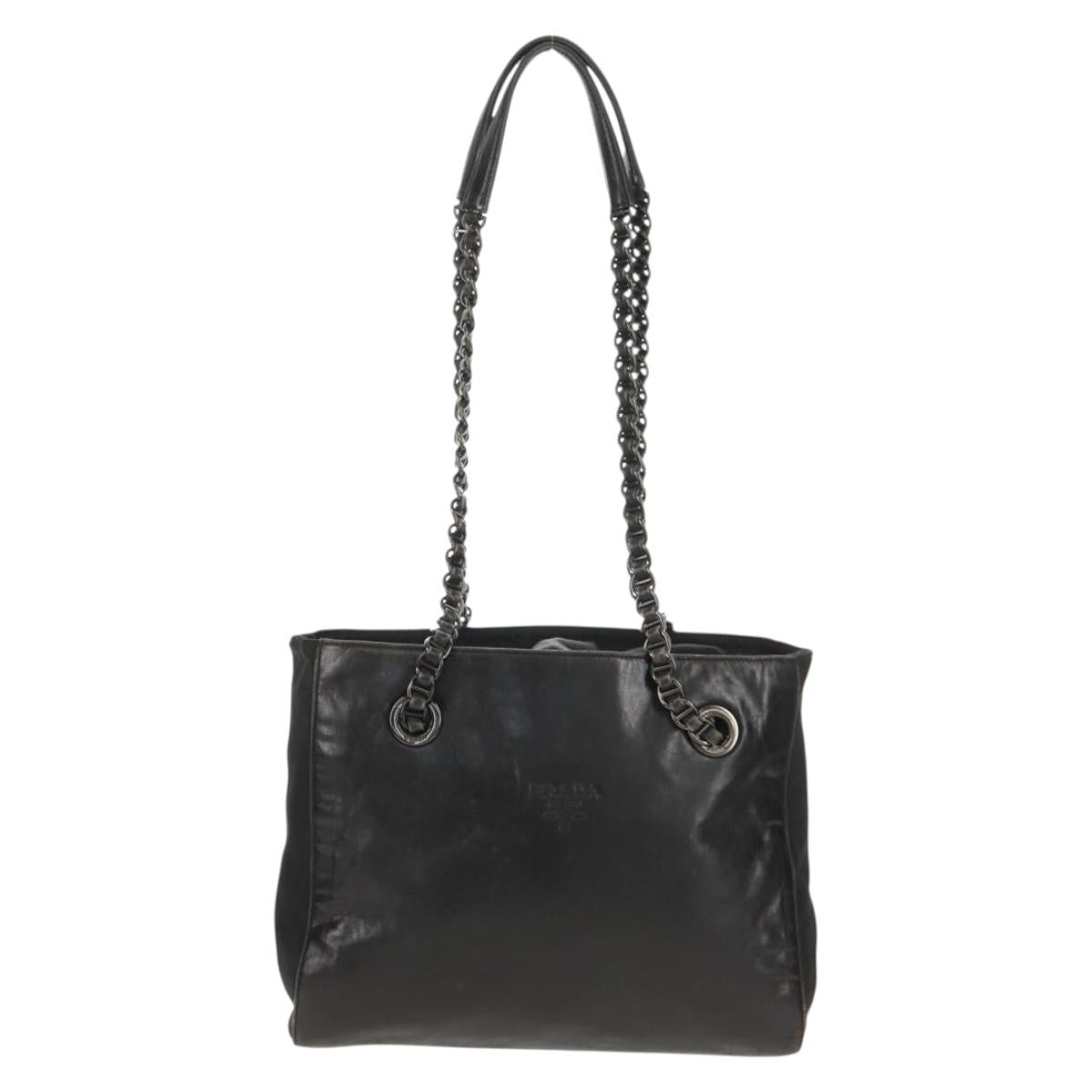 PRADA Chain Shoulder Bag Leather Nylon Black Auth ep12271