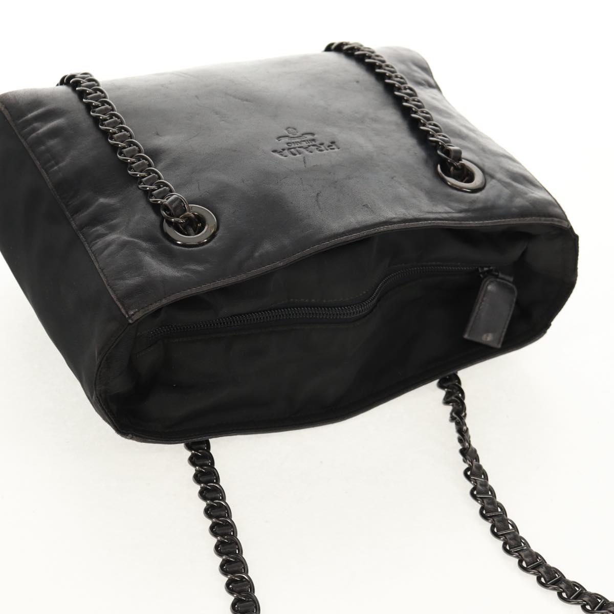 PRADA Chain Shoulder Bag Leather Nylon Black Auth ep12271
