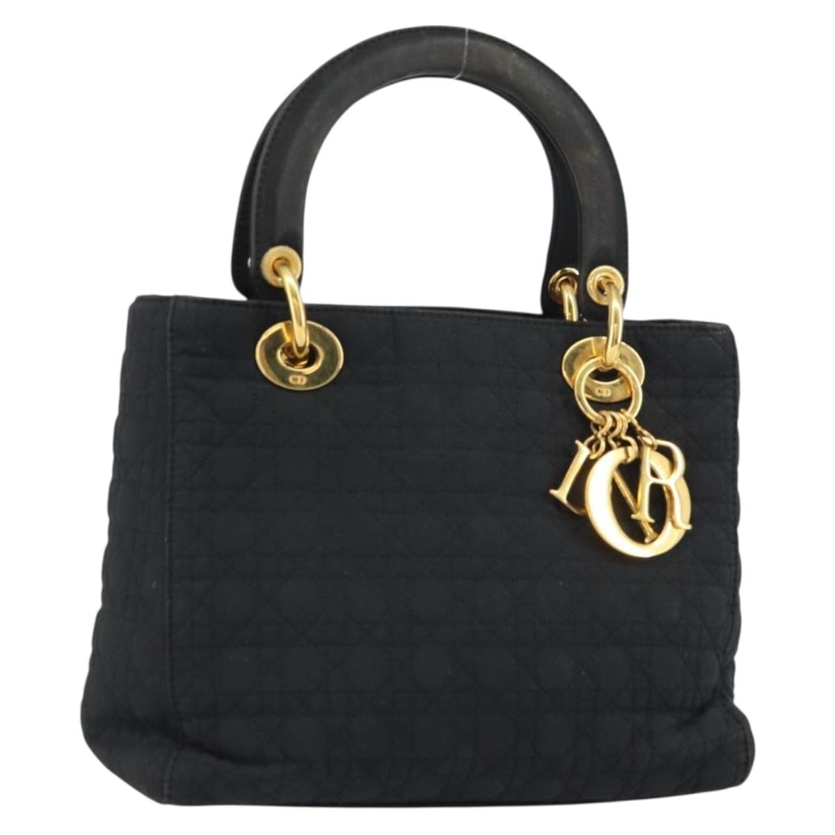Christian Dior Lady Dior Canage Hand Bag Nylon Black Gold Auth ep12307