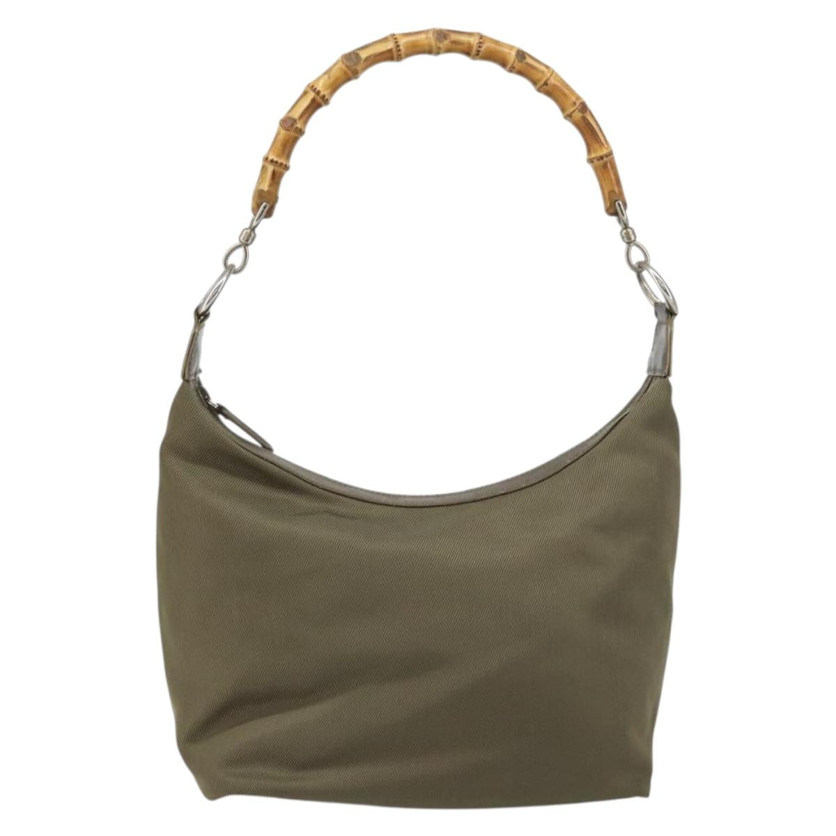 GUCCI Bamboo Shoulder Bag Nylon Khaki Silver 000 0531 Auth ep12494