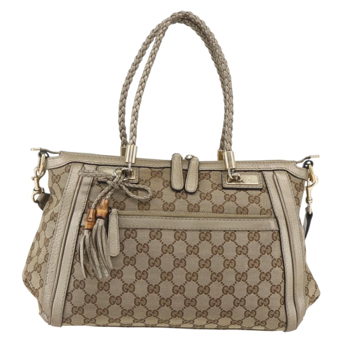 GUCCI Bamboo Wrasse GG Canvas Tote Bag 2way Beige Gold 282300 Auth ep12525