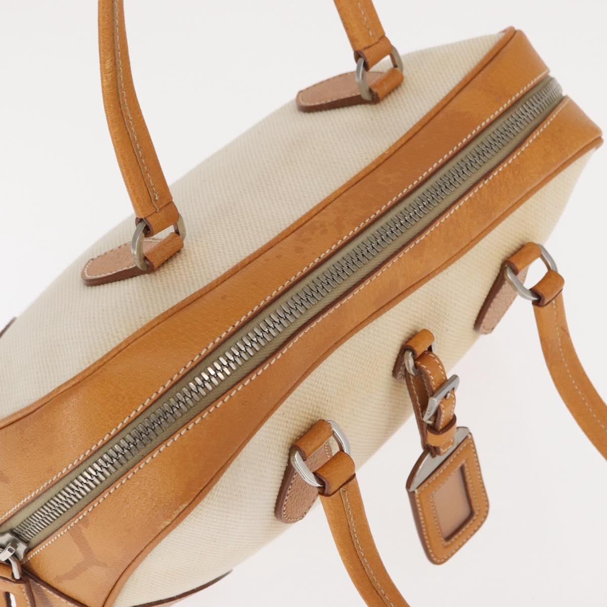 PRADA Boston Bag Canvas Beige Silver Auth ep12540