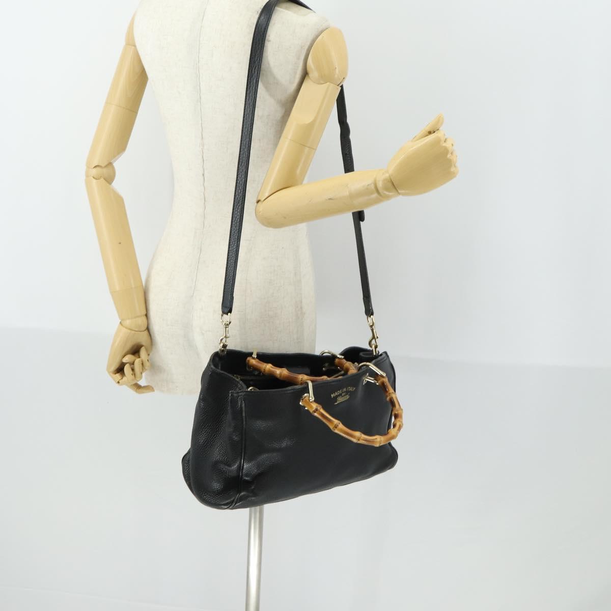 GUCCI Bamboo Hand Bag Leather 2way Black Gold 323660 Auth ep12626