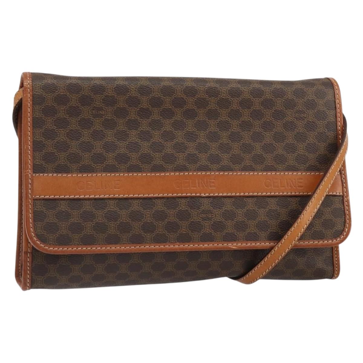 CELINE Macadam Canvas Shoulder Bag PVC Leather Brown Gold Auth ep12638