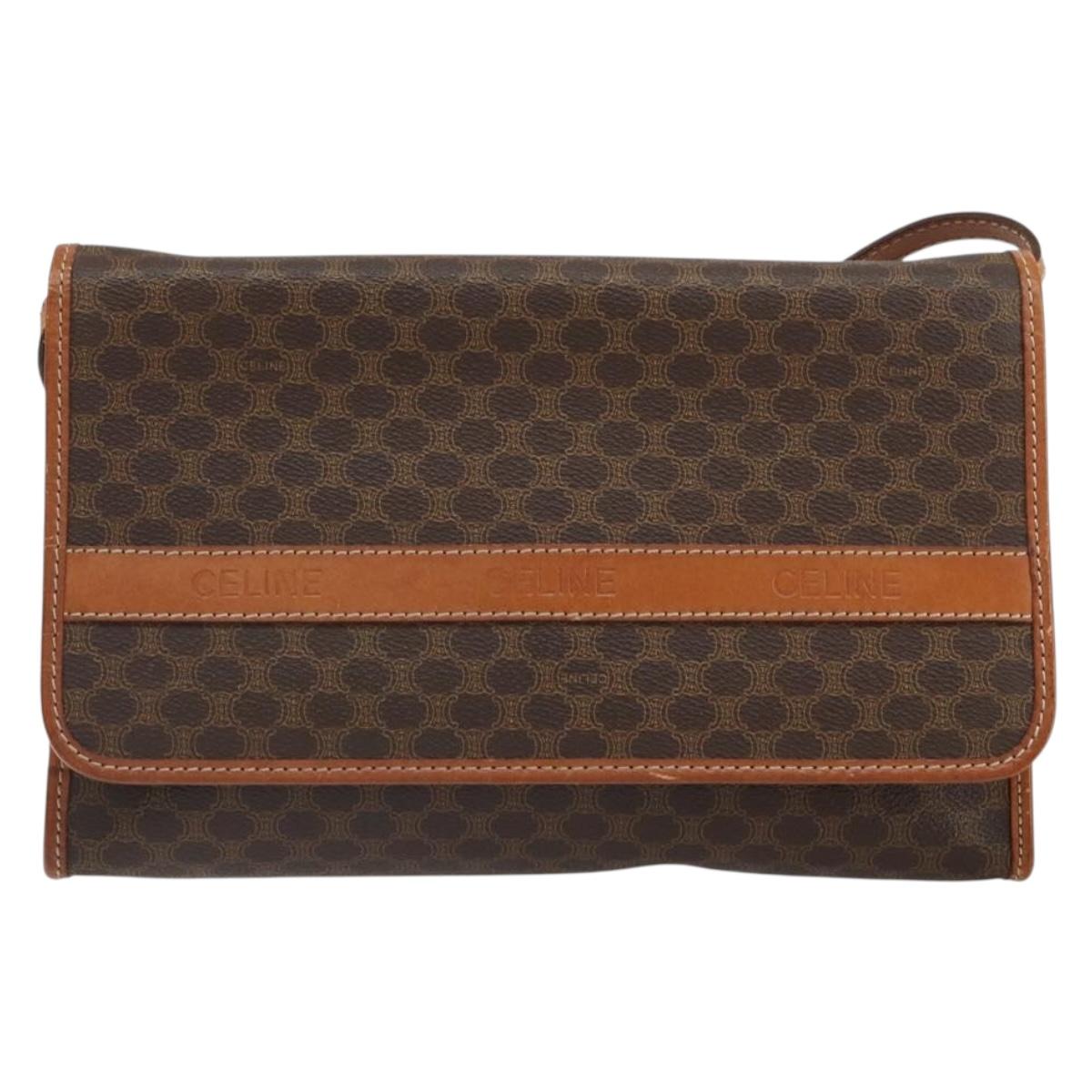 CELINE Macadam Canvas Shoulder Bag PVC Leather Brown Gold Auth ep12638