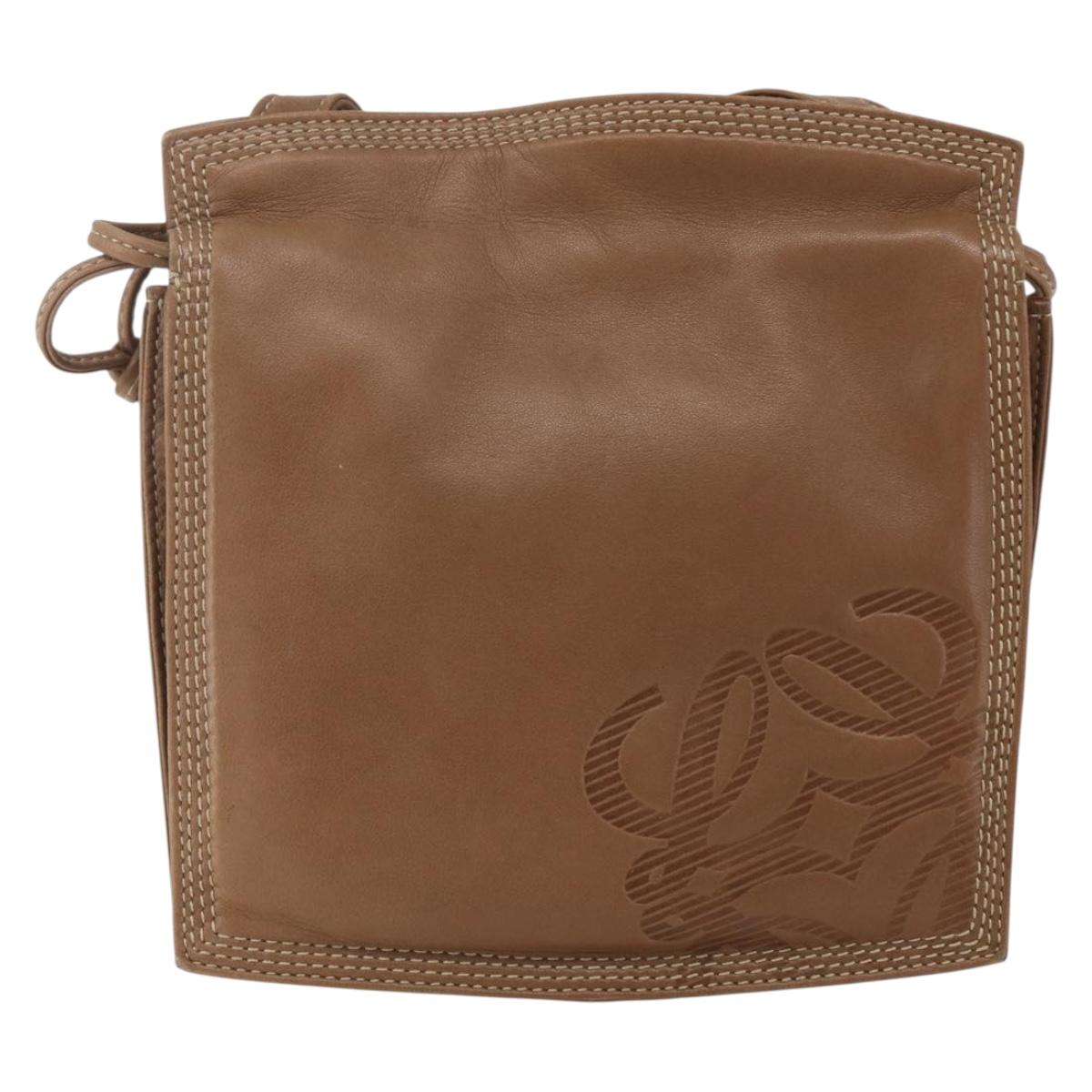 LOEWE Anagram Shoulder Bag Leather Brown Gold Auth ep12651