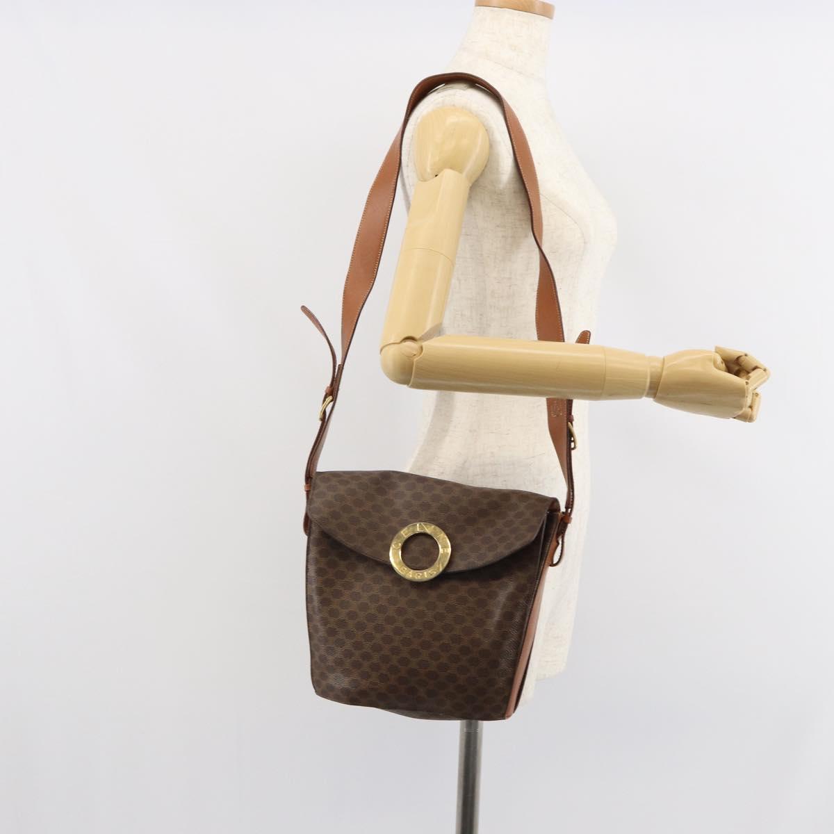 CELINE Macadam Canvas Shoulder Bag PVC Leather Brown Gold Auth ep12669