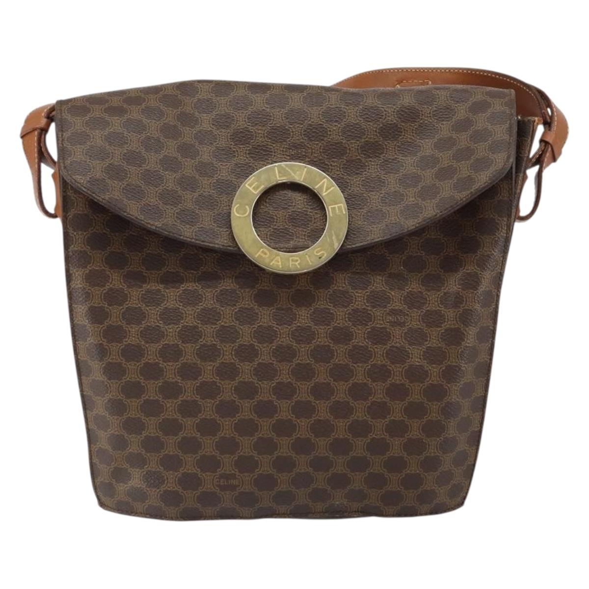 CELINE Macadam Canvas Shoulder Bag PVC Leather Brown Gold Auth ep12669