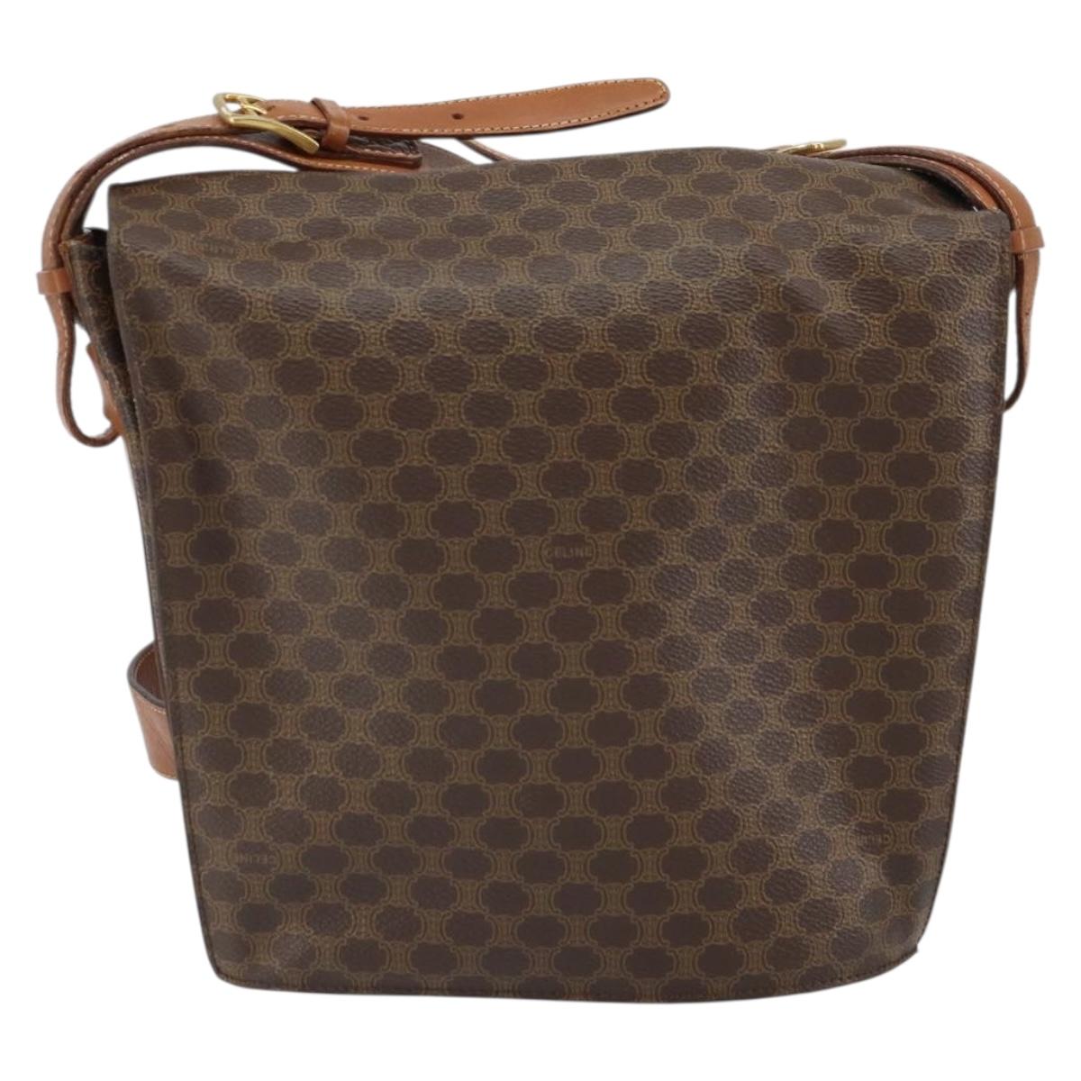 CELINE Macadam Canvas Shoulder Bag PVC Leather Brown Gold Auth ep12669