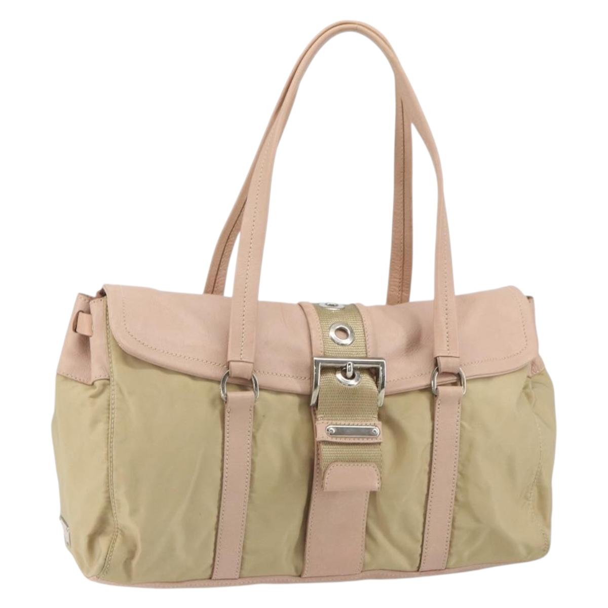 PRADA Tote Bag Nylon Leather Beige Silver Auth ep12684