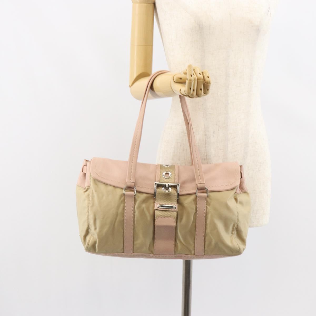 PRADA Tote Bag Nylon Leather Beige Silver Auth ep12684